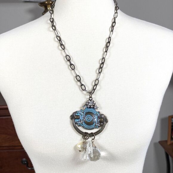 Victorian Style Necklace Antiqued Door Knocker Charms Rhinestone Chunky Handmade - Picture 2 of 13